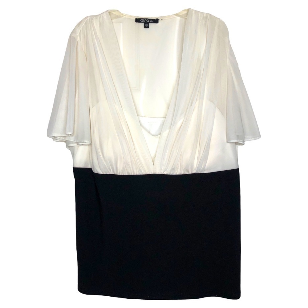 Onyx NITE Black & White Sweetheart Top w Sheer Overlay & Flutter Sleeves Size 1X